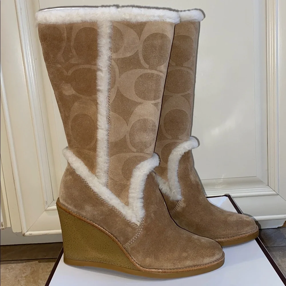 COACH Jordana Suede Shearling Trim Wedge Boots in Tan & Beige in Size 7 - Picture 2 of 15
